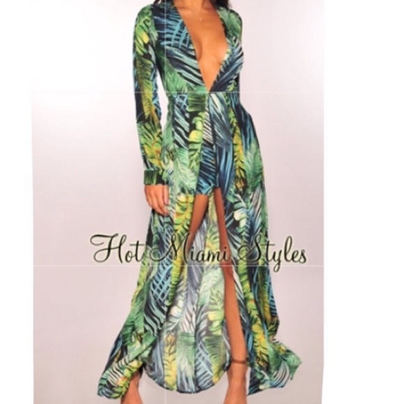 Fashion Nova Palm Leaf Tropical Maxi Dress Romper - Picture 5 of 7
